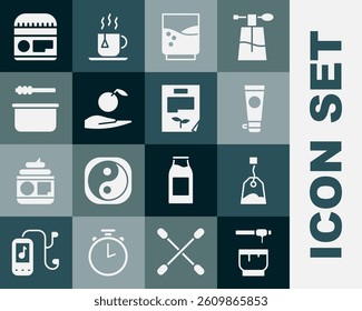 Set Honey dipper stick and bowl, Tea bag, Cream or lotion cosmetic tube, Glass with water, Apple in hand, Sauna bucket ladle,  and Leaf document icon. Vector