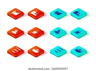 Set Honey dipper stick and bowl, Bathtub, Stack hot stones, Cup of tea with tea bag, Burning candle and Glass water icon. Vector