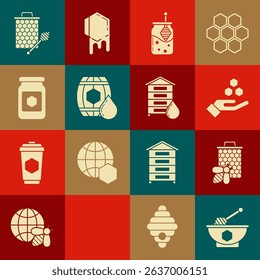 Set Honey dipper stick and bowl, Bee honeycomb, Honeycomb hand, Jar of, Wooden barrel with, stickicon and Hive for bees icon. Vector