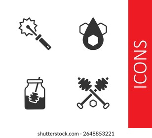 Set Honey dipper stick, Cutter roll for honey, Jar of and and Honeycomb icon. Vector