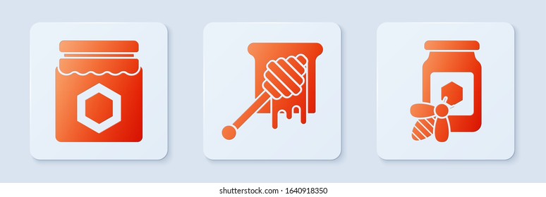 Set Honey dipper stick with dripping honey, Jar of honey and Jar of honey with bee. White square button. Vector