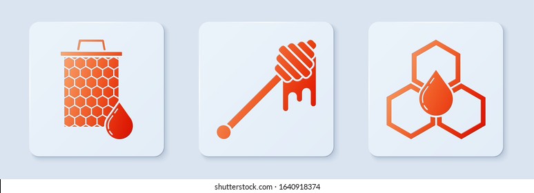 Set Honey dipper stick with dripping honey, Honeycomb and Honeycomb. White square button. Vector