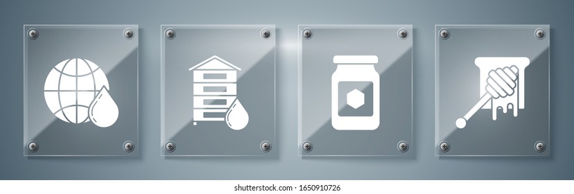 Set Honey dipper stick with dripping honey, Jar of honey, Hive for bees and Honeycomb map of the world. Square glass panels. Vector