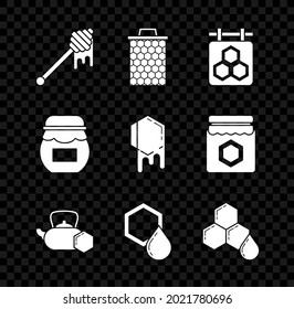 Set Honey dipper stick with dripping honey, Honeycomb, Hanging sign honeycomb, Tea kettle, Jar of and  icon. Vector