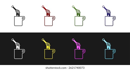 Set Honey dipper stick with dripping honey icon isolated on black and white background. Honey ladle.  Vector