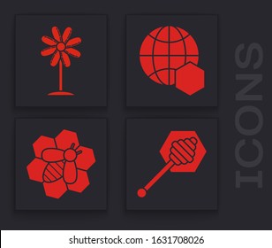 Set Honey dipper stick, Flower,  map of the world and Bee and honeycomb icon. Vector