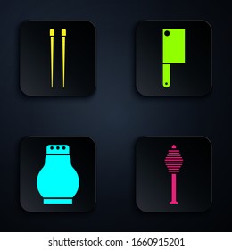 Set Honey dipper stick, Food chopsticks, Salt and pepper and Meat chopper. Black square button. Vector