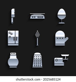 Set Honey Dipper Stick, Grater, Kitchen Meat Grinder, Oven Glove, Salt And Pepper, Refrigerator, Chicken Egg Stand And Bread Knife Icon. Vector