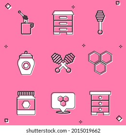 Set Honey dipper stick with honey, Hive for bees, Jar of, Honeycomb,  and location icon. Vector