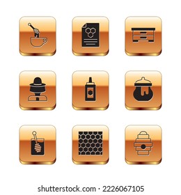 Set Honey dipper stick with honey, Honeycomb, Jar of, Beekeeper protect hat, Hive for bees, and icon. Vector