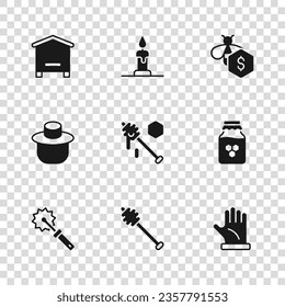 Set Honey dipper stick, Jar of honey, Beekeeper glove, Sale bees, Hive for, Burning candle and with protect hat icon. Vector