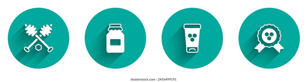 Set Honey dipper stick, Jar of honey, Cosmetic tube with and award icon with long shadow. Vector