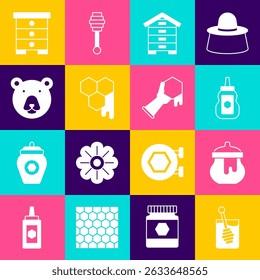 Set Honey dipper stick, Jar of honey, Hive for bees, Honeycomb, Bear head,  and and hand icon. Vector