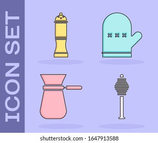 Set Honey dipper stick, Pepper, Coffee turk and Oven glove icon. Vector