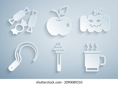 Set Honey dipper stick, Pumpkin, Sickle, Cup of tea, Apple and Candy icon. Vector