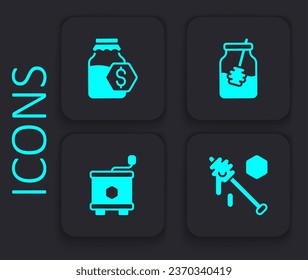Set Honey dipper stick, Sale in jar of honey, Jar and and extractor icon. Black square button. Vector