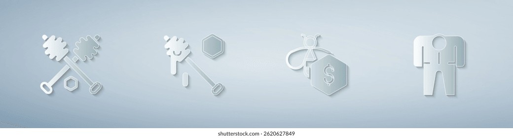 Set Honey dipper stick, Sale of bees and Beekeeper costume. Paper art style. Vector
