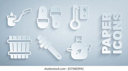 Set Honey dipper stick, Sauna thermometer, bucket, Teapot with leaf, slippers and ladle icon. Vector