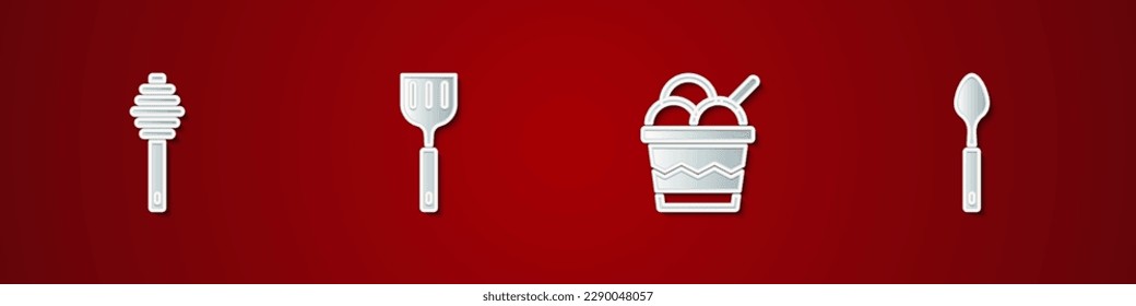 Set Honey dipper stick, Spatula, Ice cream in bowl and Spoon icon. Vector