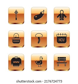 Set Honey dipper stick, Sweater, Dove, Mushroom, Basket and food, Raincoat, Bench and Eggplant icon. Vector