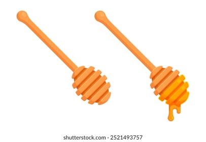 Set of honey dippers with one dripping honey. Flat vector illustration isolated on a white background. Apiculture, natural sweetener, and organic food concept