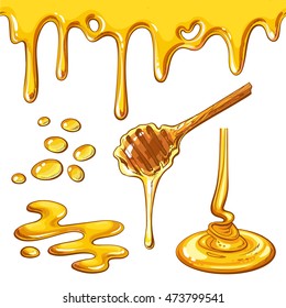 Set of honey drops and blots, cartoon style vector illustration isolated on white background. Honey dropping and flowing from the dipper, yummy decoration elements