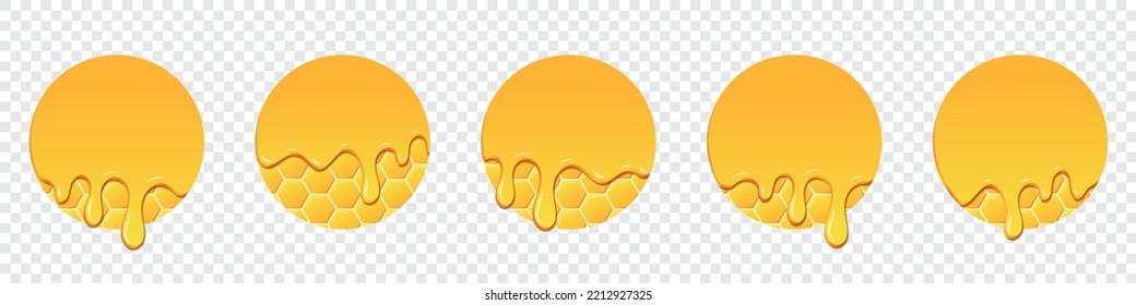 Set Of Honey Drops. Dripping Melted Honey. Realistic Melted Honey. Honey Drops. Yellow Liquid Dessert, Sweet Drip Melt. Vector Illustration