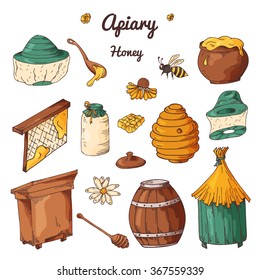 Set of honey elements. Apiary icons for your design. Vector sketches, sweet natural food