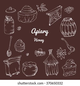 Set of honey elements. Apiary icons for your design. Vector sketches, sweet natural food