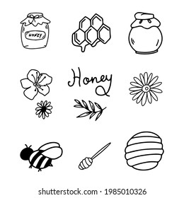 Set of honey elements isolated on white.Hand drawn outline vector illustration for beekeper, shops. Highlight cover set