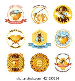 Set of honey emblems or different sizes logotypes with ribbons and titles vector illustration