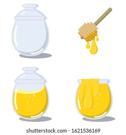 set of honey, empty jar and spoon on white background