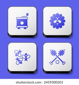 Set Honey extractor, Bee flower, Bees and dipper stick icon. White square button. Vector