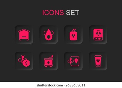 Set Honey extractor, Honeycomb, Hive for bees, Bee location, Book about, Cosmetic tube with honey,  and Sale of icon. Vector