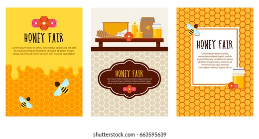 Set of honey flyers with beekeeping items. Modern flat style vector. Honey illustration. Apiary concept.