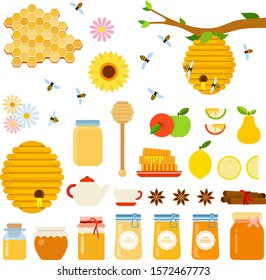 Set of Honey and Honeybee icons flat vector illustration