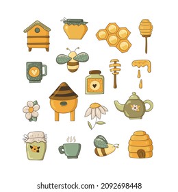 Set of honey icons. Honey. Beehive, bees, honey, pot, teapot, cup, spoon, flower. Clipart. Vector illustration.