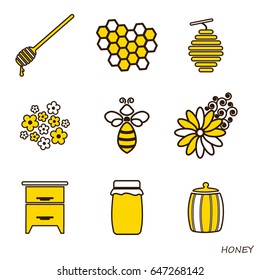 Set of honey icons. The line flat illusion of bee, honey and apiary.