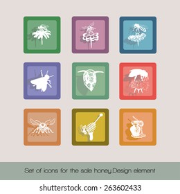 Set for honey icons and shortcuts. Abstract design of a bee.