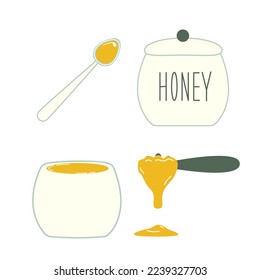 Set of honey illustrations, honey spoon, teaspoon, pot, lettering, flat style, stickers