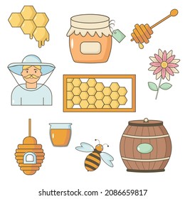 A set of honey. Jar of honey, honeycomb, bee, beekeeper.