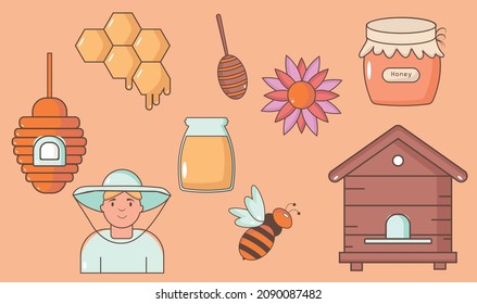 A set of honey. Jar of honey, honeycomb, bee, beekeeper, evidence.