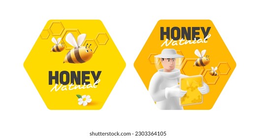 Set of honey jar labels with grapgic design 3d illustration of beekeeper and bees, packaging design