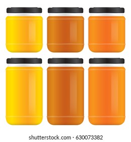 Set of honey jars in different colors and sizes.