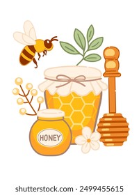 Set of honey jars with dipper and bee. Sweet taste honey in small container with lid and honeycomb texture. Pot with label. Tasty natural collection. Vector illustration isolated on white background.