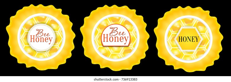 Set Honey label round template for honey with honeycomb. Vector illustration.