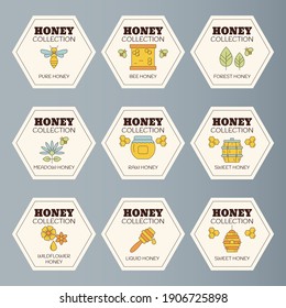 Conjunto de etiquetas de miel, insignias y elementos de diseño