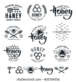 Set of honey labels, badges, logotypes and design elements. Black print on white background