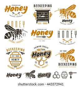 Set of honey labels, badges, logotypes and design elements. Color print on white background