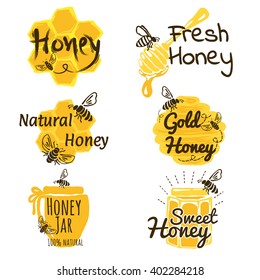 Set of honey labels and design elements.